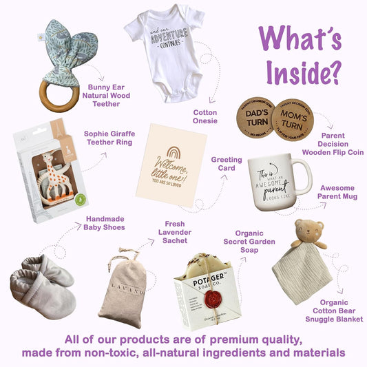 New Parents Gift Basket - 10 Pcs Premium-Quality, All-Natural - Deluxe Present for Newborn Baby