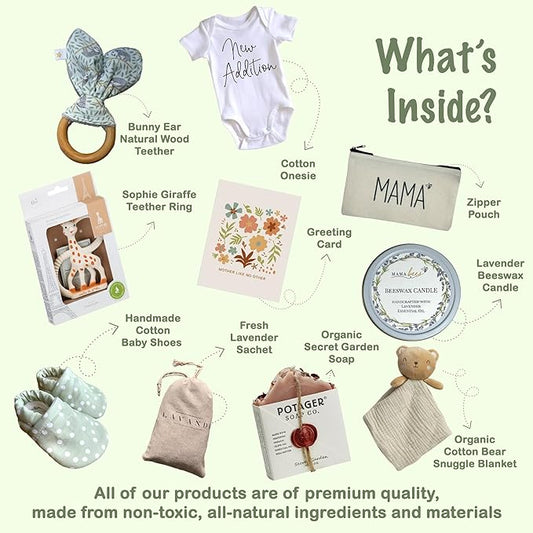 New Mom Gift Basket, Postpartum - 10 Pcs Premium-Quality, All-Natural - Deluxe Present for Newborn Baby