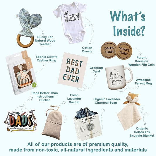 New Dad Gift Basket - 10 Pcs Premium-Quality, All-Natural - Deluxe Present for Newborn Baby